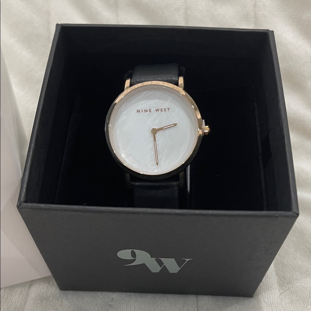 Nine West Gold-Tone Watch with White Dial and Black Leather Strap
